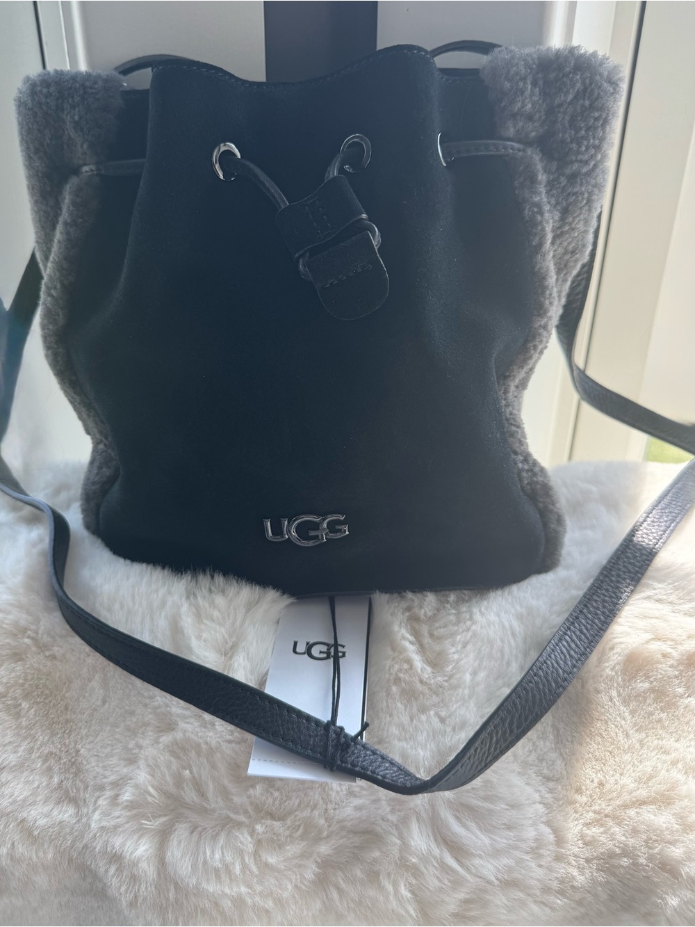 UGG Black Suede Crossbody with Shearling Trim